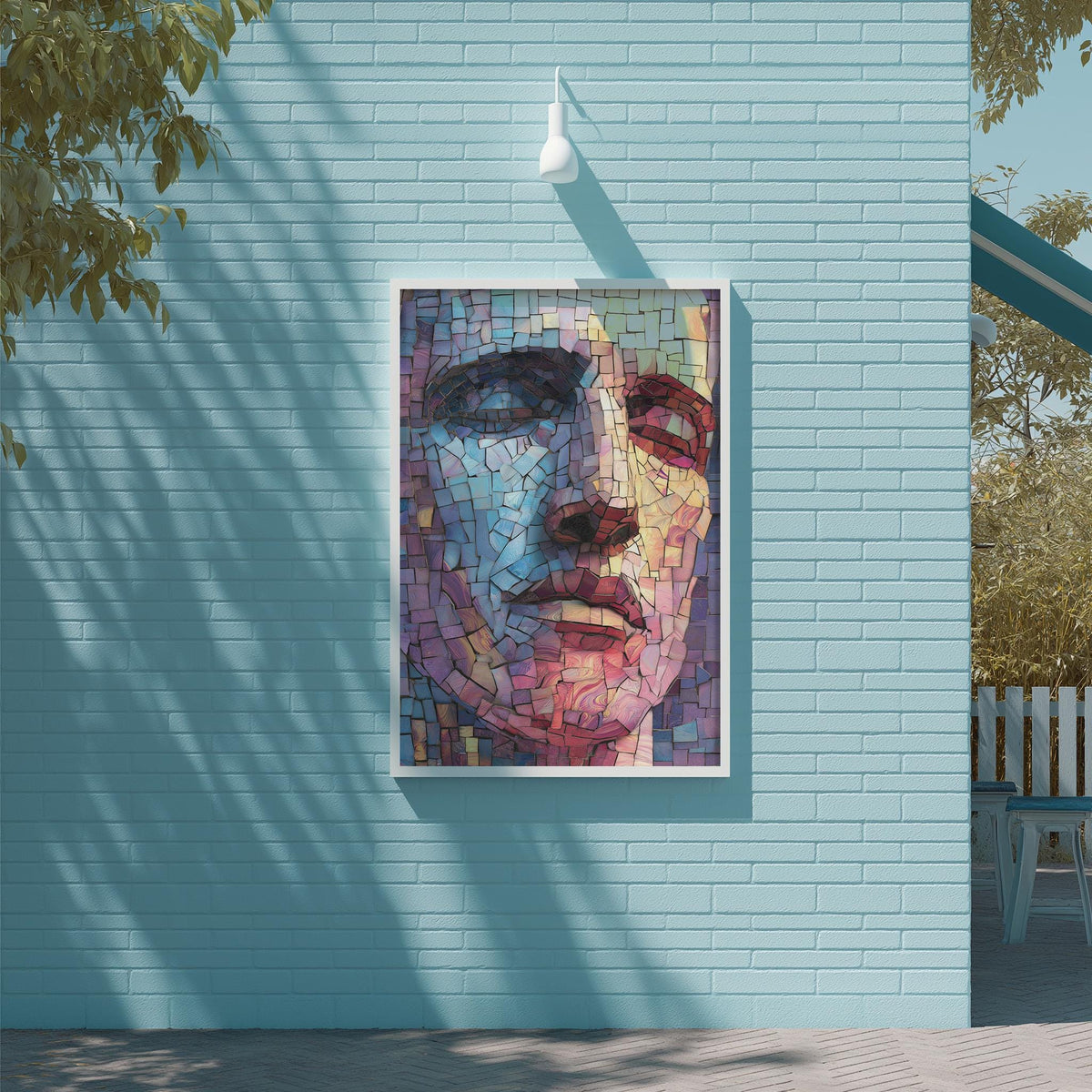 a large, colorful mosaic portrait of a face, which is mounted on a blue wall.