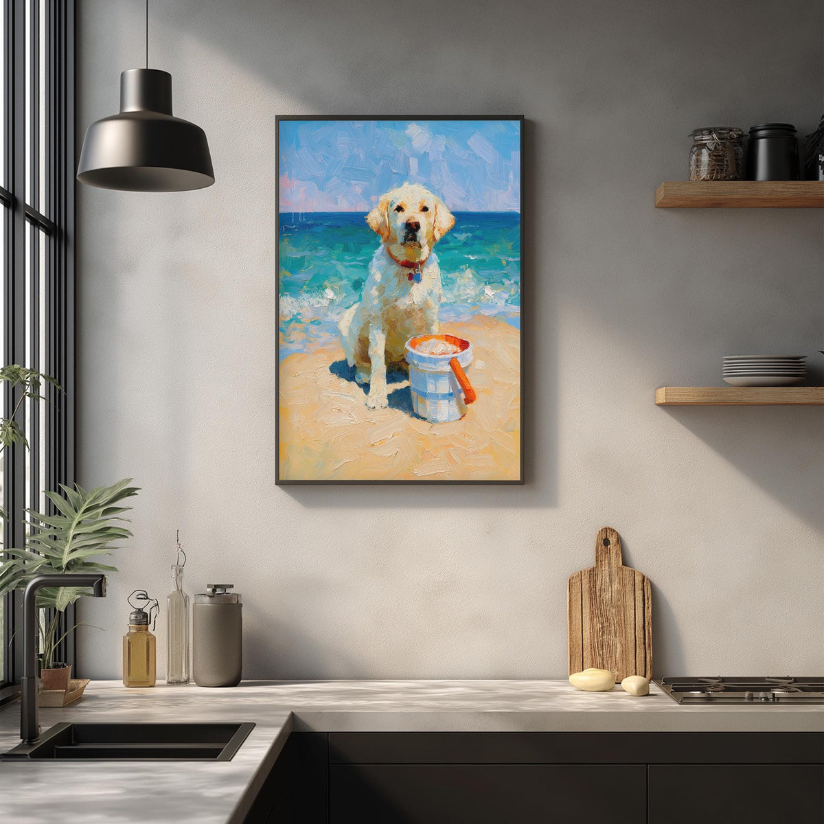 a framed painting of a dog sitting on a beach, holding a bucket, with a blue sky and ocean in the background.