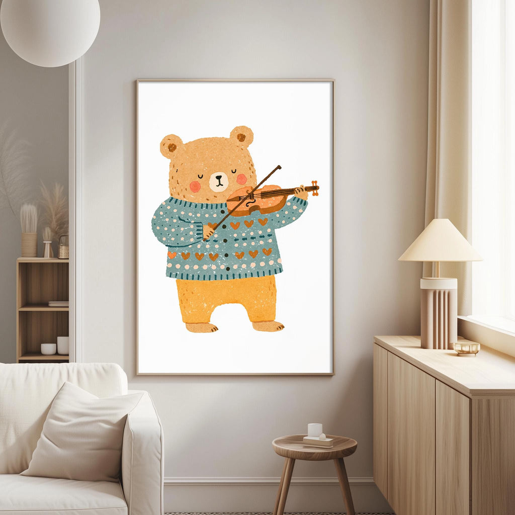 a cozy living room with a large framed illustration of a bear playing a violin on the wall.