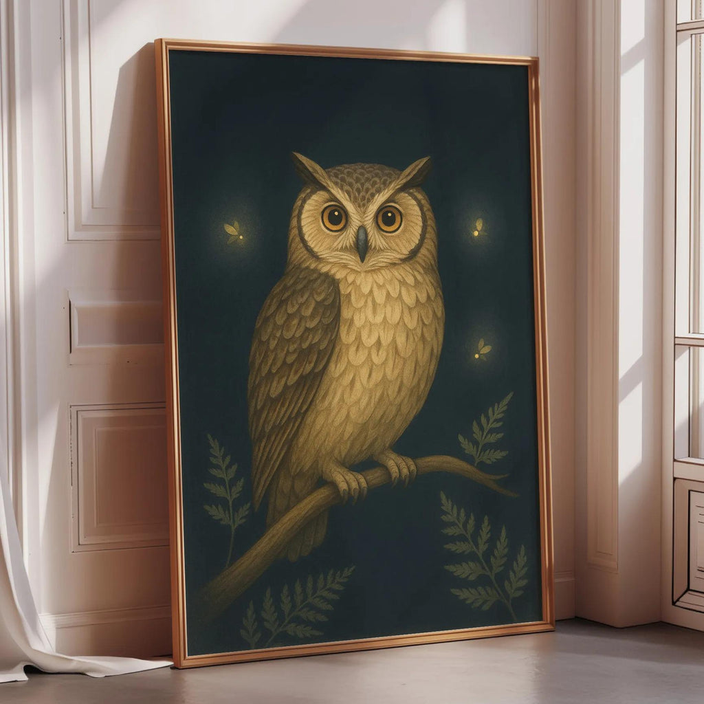 a large framed painting of an owl perched on a branch, with a dark background and illuminated by small lights.