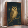 a large framed painting of an owl perched on a branch, with a dark background and illuminated by small lights.
