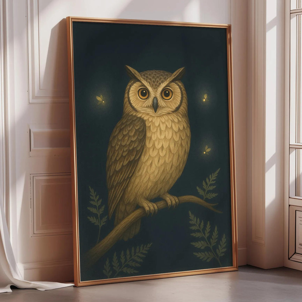 a large framed painting of an owl perched on a branch, with a dark background and illuminated by small lights.