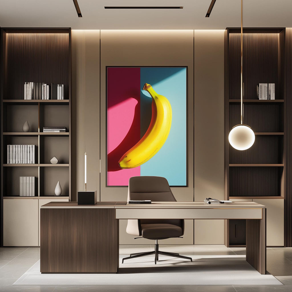 a modern office space with a large, colorful painting of a banana on the wall. The office has a wooden desk, a comfortable-looking chair, and a bookshelf filled with books. The overall design and decor create a stylish and inviting atmosphere.
