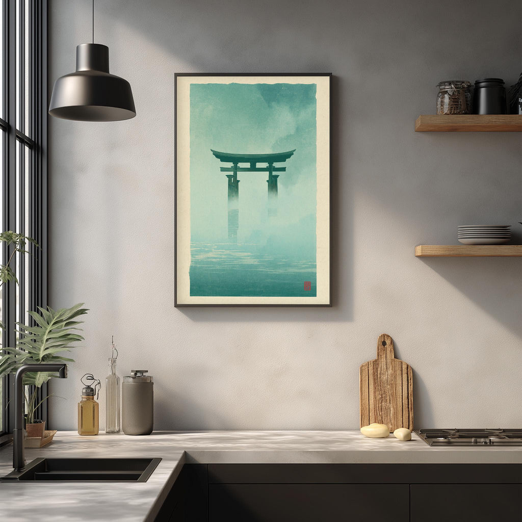 a minimalist kitchen scene with a framed artwork of a torii gate hanging on the wall above a wooden cutting board and a sink.
