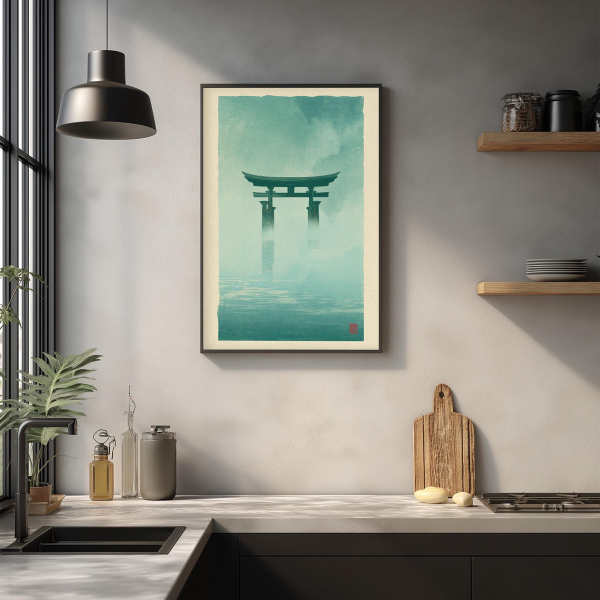 a minimalist kitchen scene with a framed artwork of a torii gate hanging on the wall above a wooden cutting board and a sink.