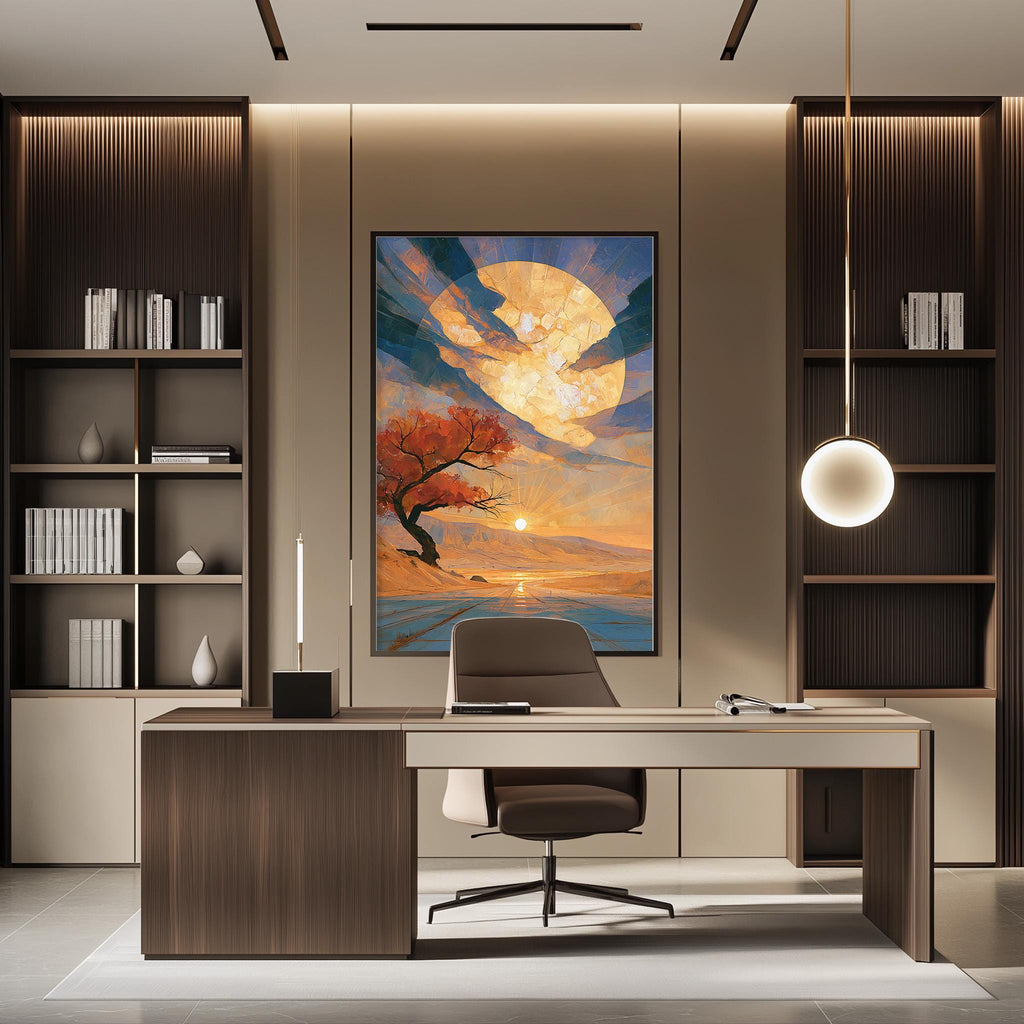 a modern and well-lit office space with a large painting of a sunset on the wall, a wooden desk with a chair, and built-in bookshelves.