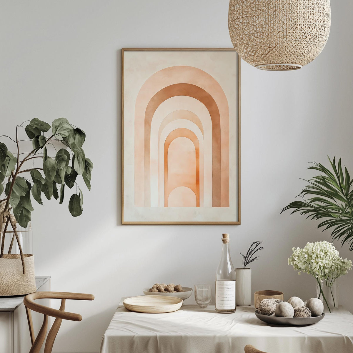 a dining area with a table set for a meal, a potted plant, a hanging light fixture, and a framed artwork on the wall.