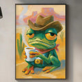 a framed painting of a frog wearing a cowboy hat, sitting on a counter in a kitchen setting.