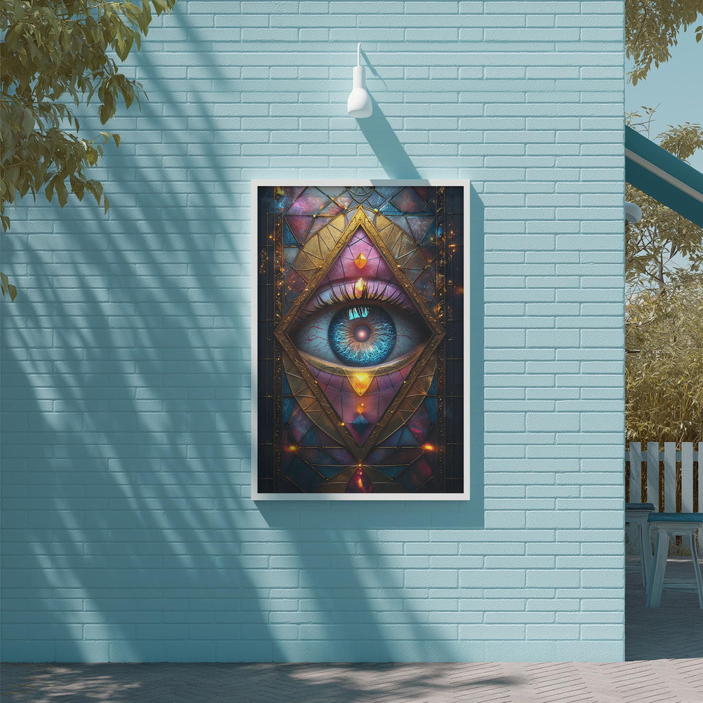 a large, colorful painting of an eye on a blue brick wall.