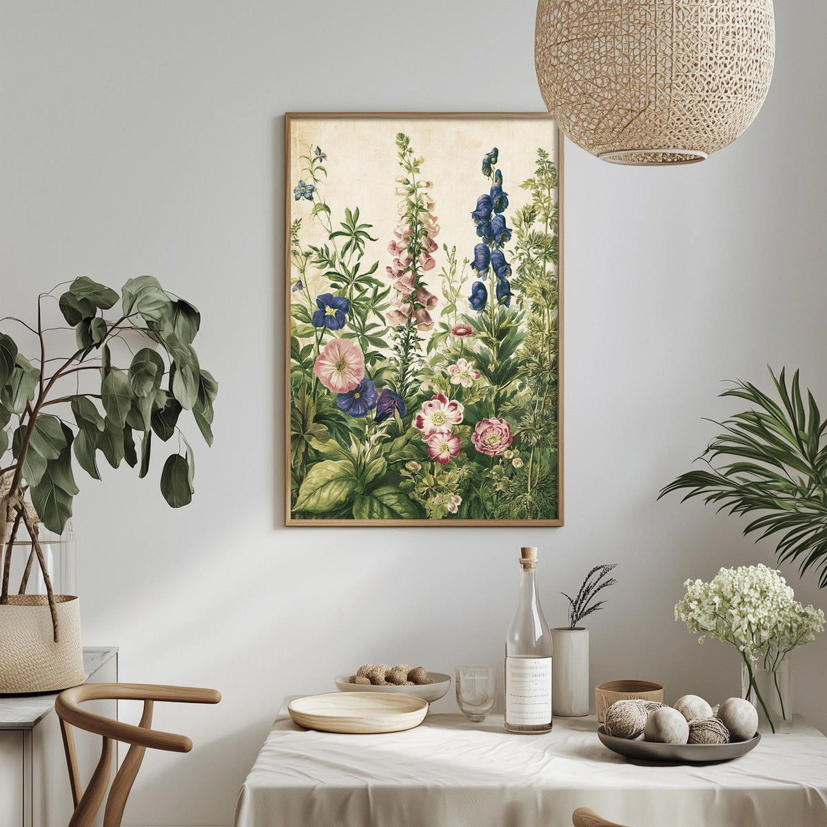 a dining table with a white tablecloth, a bowl of fruit, a bottle, and a vase with flowers. Above the table, there is a framed painting of a garden with various flowers and plants.