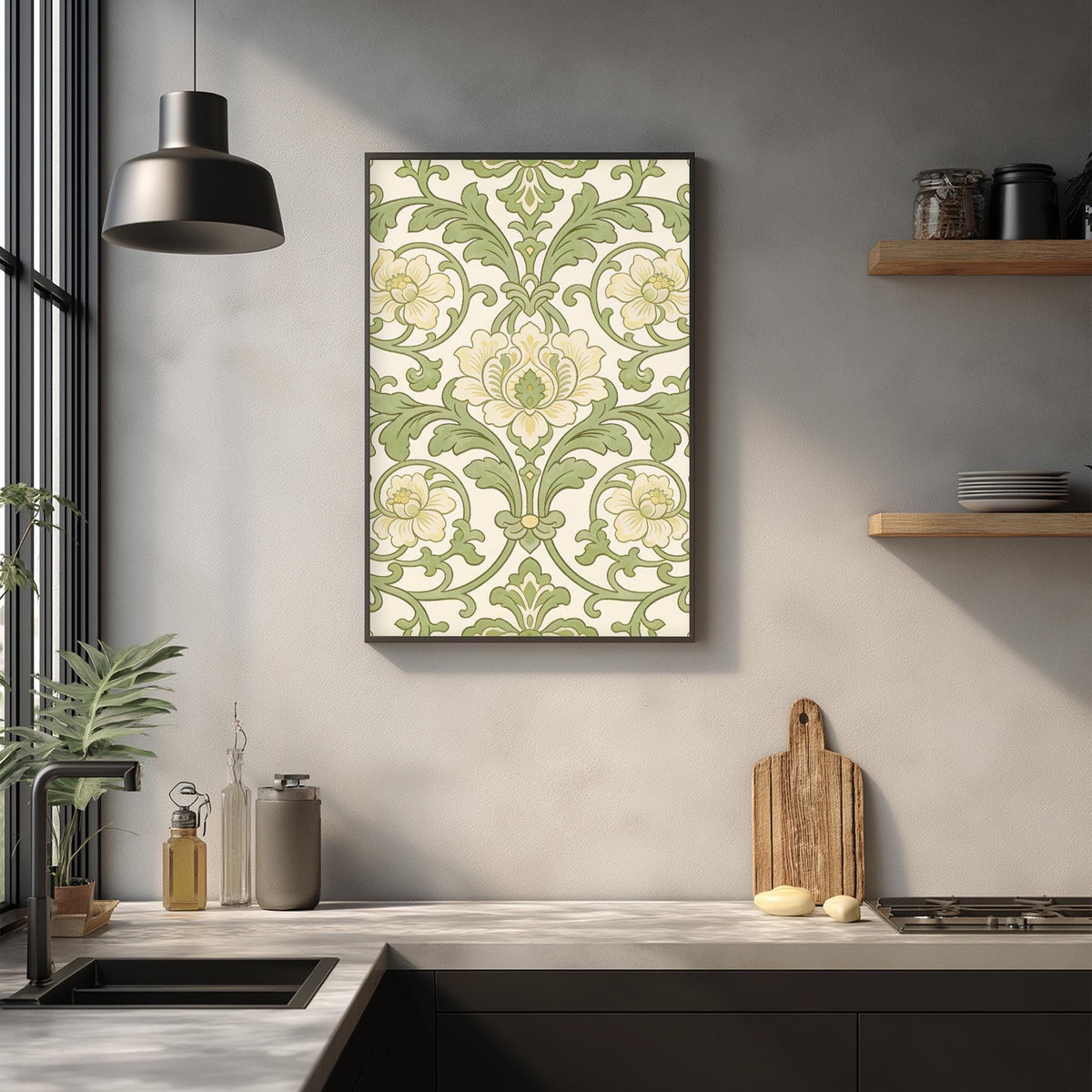 a kitchen counter with a framed floral print hanging on the wall above it. The counter has various kitchen items, such as a cutting board, a soap dispenser, and a bottle. The overall scene has a modern and minimalist aesthetic.