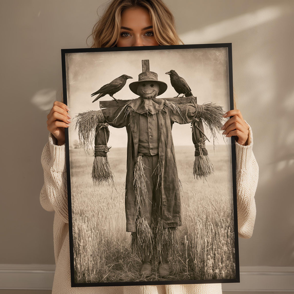 A woman holds a framed photograph of a scarecrow with two birds perched on its back.