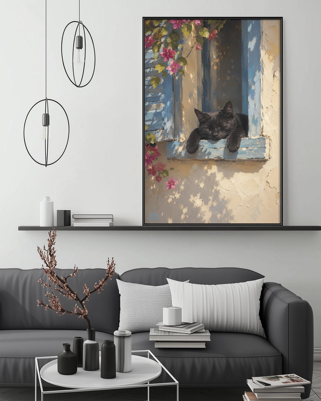 a black cat sitting on a window sill, with a painting of a cat on the wall above a gray couch. The room has a minimalist and modern design, with a white coffee table, pendant lights, and a shelf with decorative items.