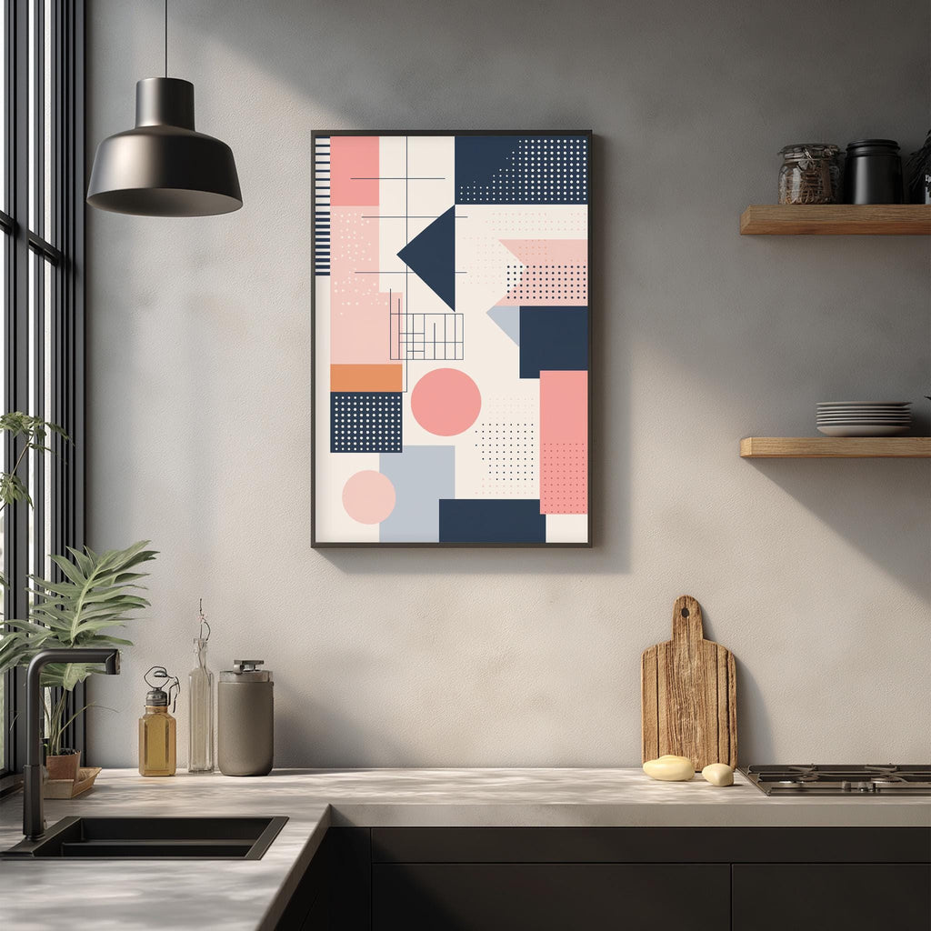 a modern kitchen with a minimalist design. The focal point is a large abstract painting hanging on the wall above a wooden cutting board and a sink. The kitchen also includes a shelf with various kitchen items, such as a bowl, a bottle, and a vase. The overall color scheme of the kitchen is predominantly white and gray, with pops of color from the abstract painting and the wooden cutting board.