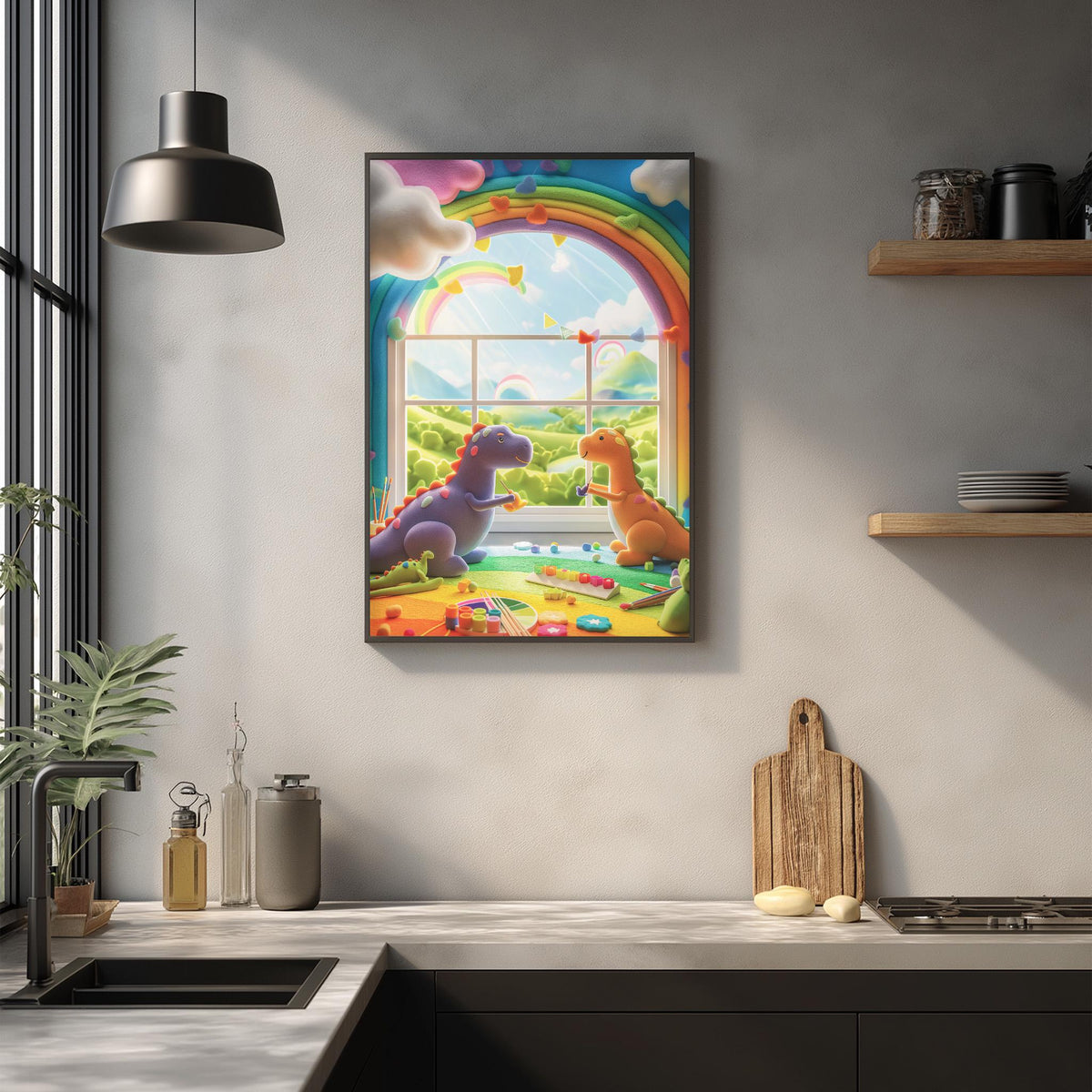 a vibrant and whimsical scene of two dinosaurs, one purple and one orange, sitting on a windowsill and looking out at a rainbow. The window is framed by a colorful arch, and the dinosaurs appear to be enjoying the view. The kitchen counter in the foreground has various items on it, including a cutting board, a bottle, and a vase.