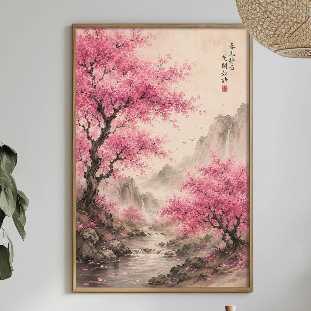 a serene indoor setting with a framed painting of a pink flowering tree on the wall, a dining table with a bottle, a bowl, and a vase of flowers, and potted plants in the background.