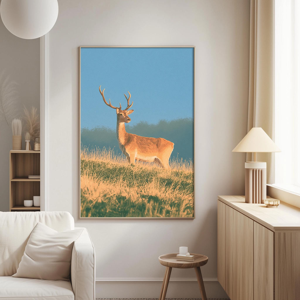a large framed picture of a deer standing in a grassy field against a blue sky.