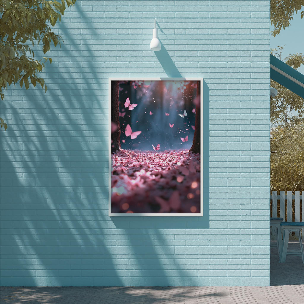 A framed image of pink flowers and butterflies is hanging on a light blue wall, creating a serene and whimsical atmosphere.