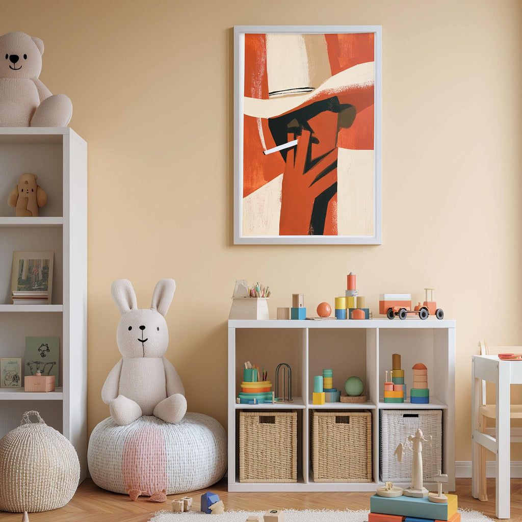 A cozy children's room with a white rabbit sitting on a bean bag chair, surrounded by shelves filled with toys and books, and a framed artwork hanging on the wall.