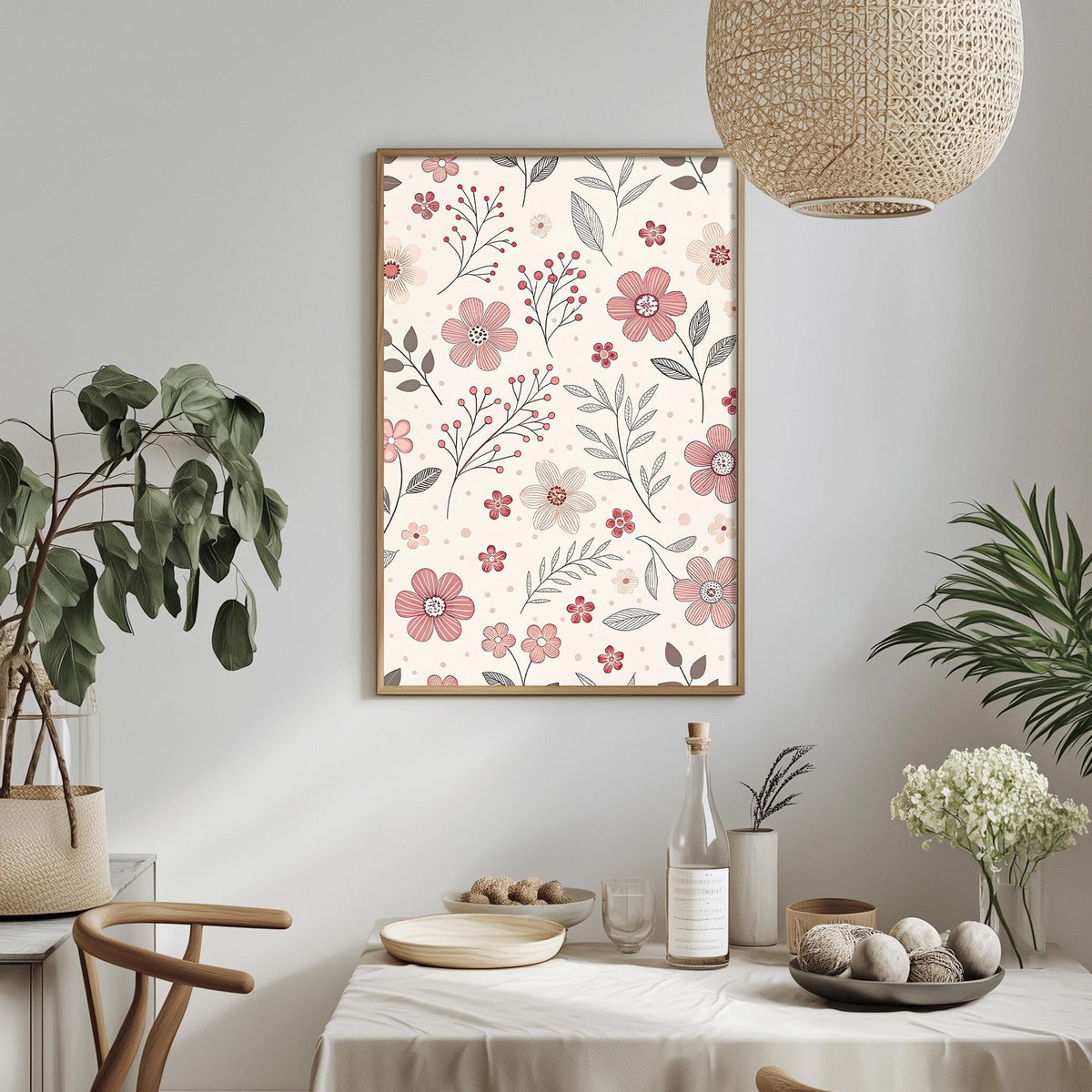 a dining table with a white tablecloth, a bowl of fruit, a bottle, and a vase with flowers. Above the table, there is a framed picture with a floral pattern hanging on the wall.
