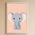 A cozy and colorful children's bedroom with a large elephant poster on the wall, a stuffed rabbit, a bookshelf filled with toys, and a bean bag chair.