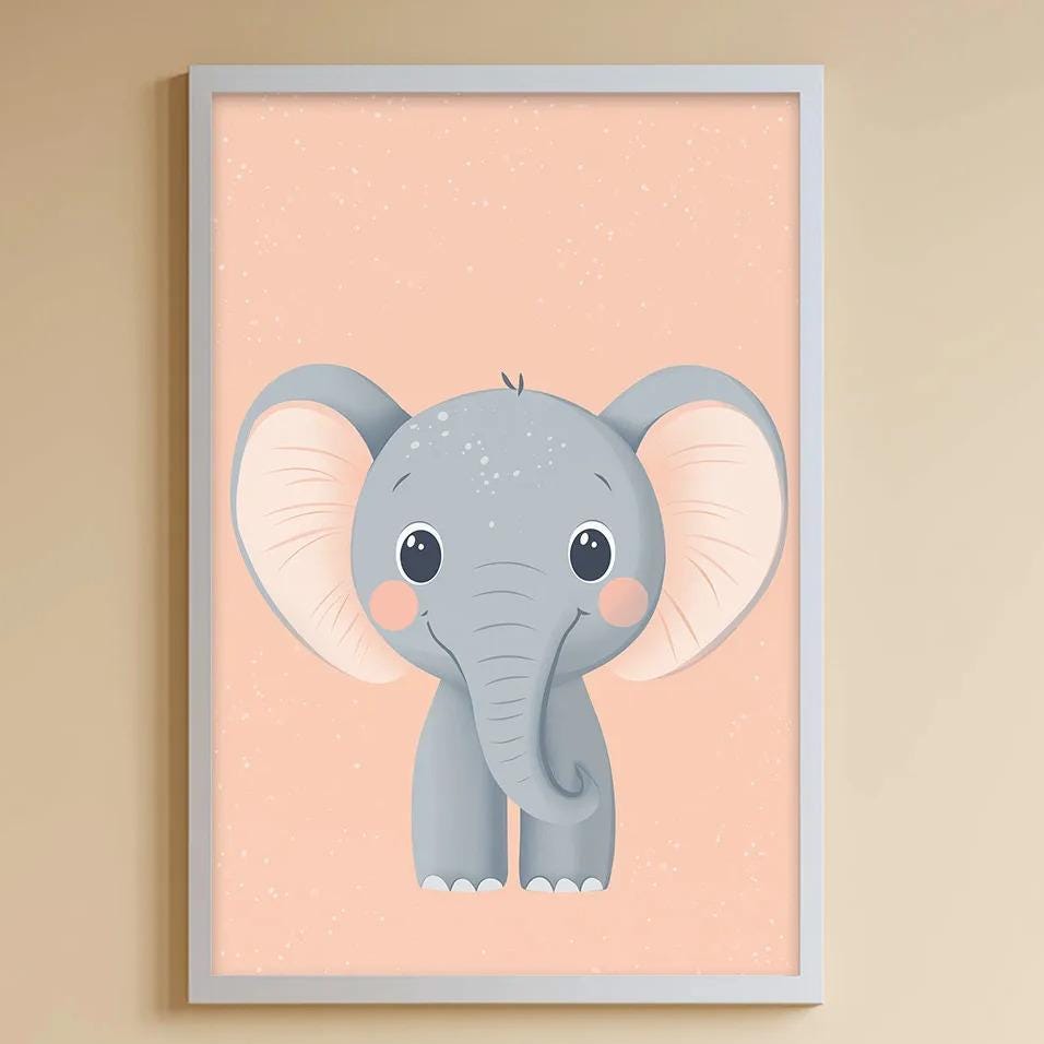 A cozy and colorful children's bedroom with a large elephant poster on the wall, a stuffed rabbit, a bookshelf filled with toys, and a bean bag chair.