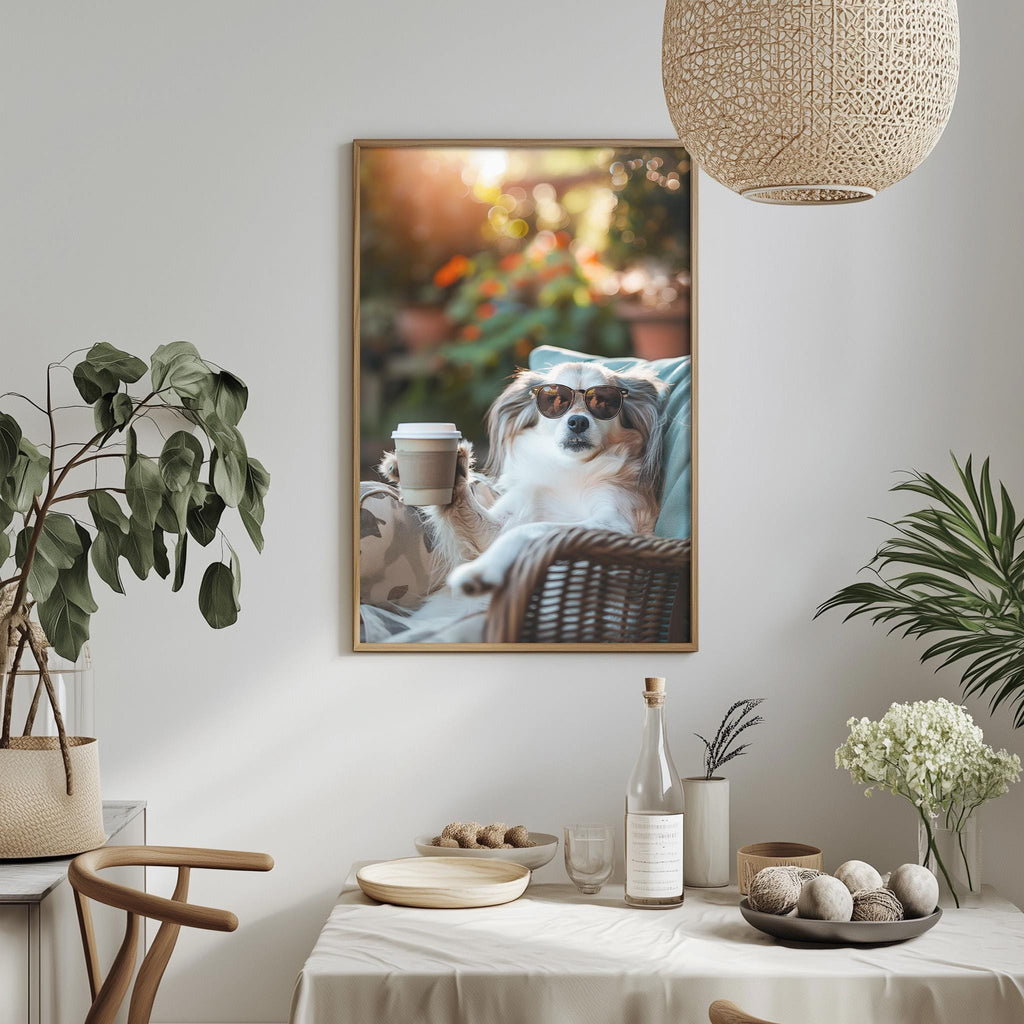 A framed photo of a dog wearing sunglasses and resting in a wicker chair, with a cup of coffee nearby, is displayed on a wall in a cozy, well-decorated room.