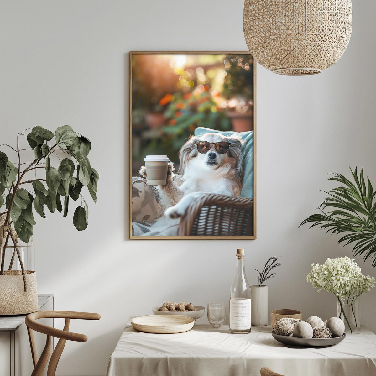 A framed photo of a dog wearing sunglasses and resting in a wicker chair, with a cup of coffee nearby, is displayed on a wall in a cozy, well-decorated room.