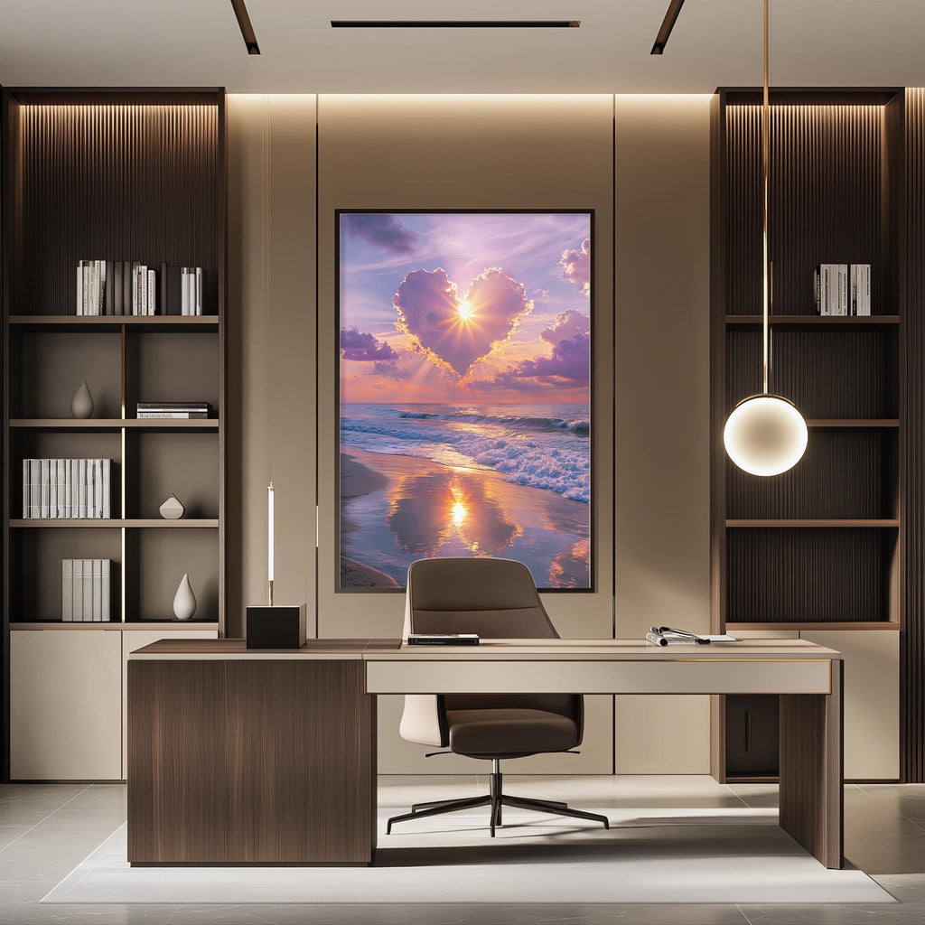 a modern office space with a large framed picture of a sunset over the ocean hanging on the wall. The office has a wooden desk, a comfortable-looking chair, and a bookshelf filled with books. The overall design and decor create a serene and inspiring atmosphere.