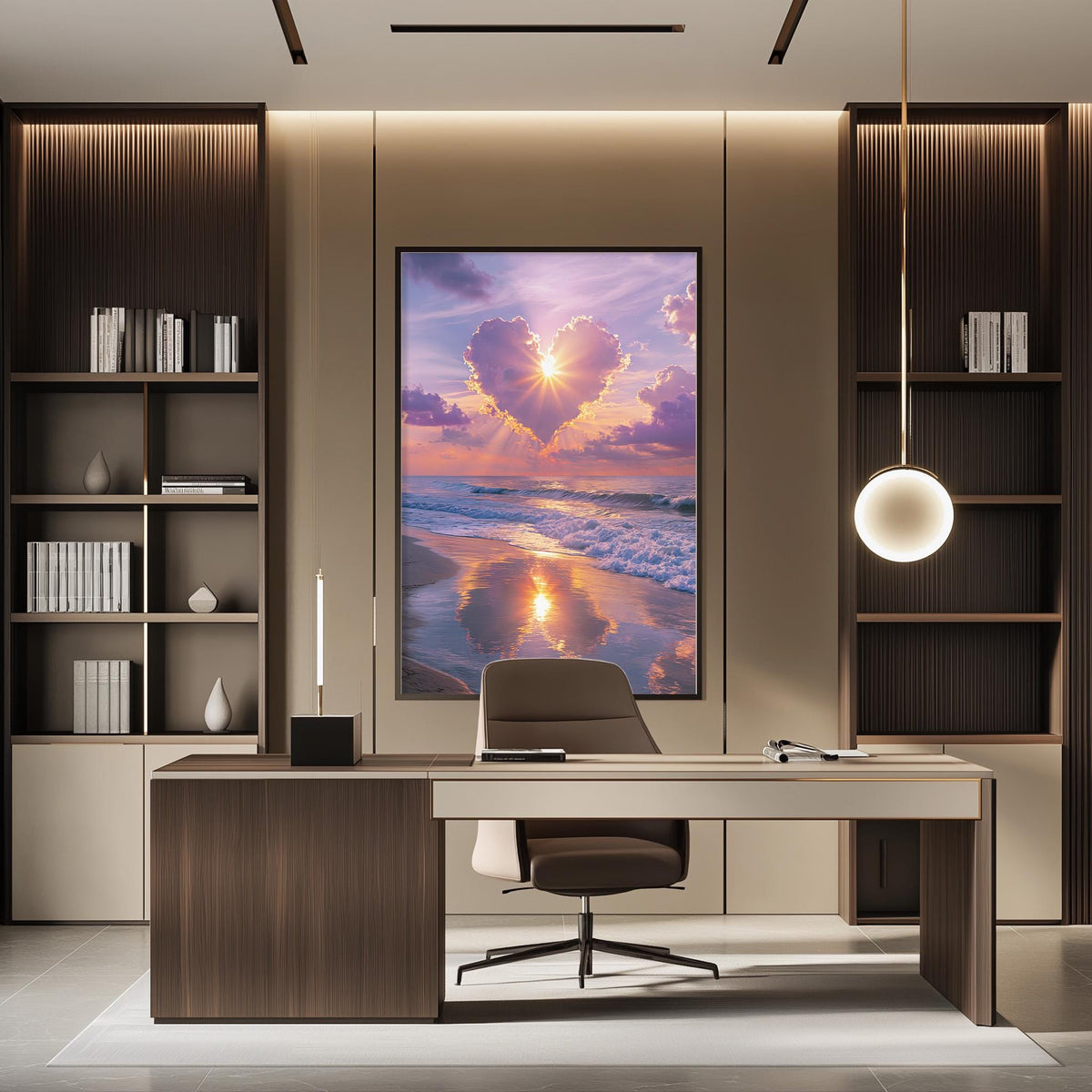 a modern office space with a large framed picture of a sunset over the ocean hanging on the wall. The office has a wooden desk, a comfortable-looking chair, and a bookshelf filled with books. The overall design and decor create a serene and inspiring atmosphere.
