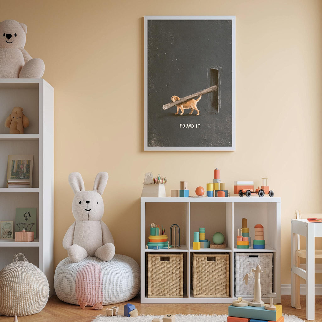 A cozy children's room with a white bookshelf, a plush rabbit, and a toy train set. The walls are painted a light peach color, and there is a framed poster with a cartoon dog on the wall.