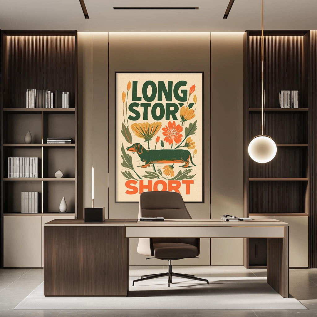 a modern office space with a large framed poster on the wall that says "LONG STORY SHORT". The office has a wooden desk, a chair, and a bookshelf. The overall design and decor of the space create a professional and stylish atmosphere.
