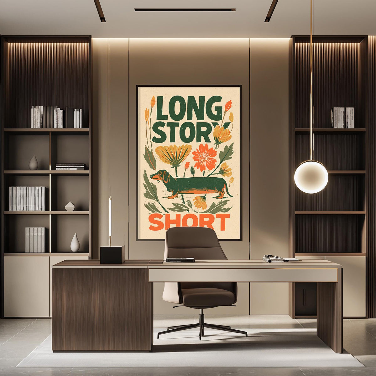 a modern office space with a large framed poster on the wall that says "LONG STORY SHORT". The office has a wooden desk, a chair, and a bookshelf. The overall design and decor of the space create a professional and stylish atmosphere.