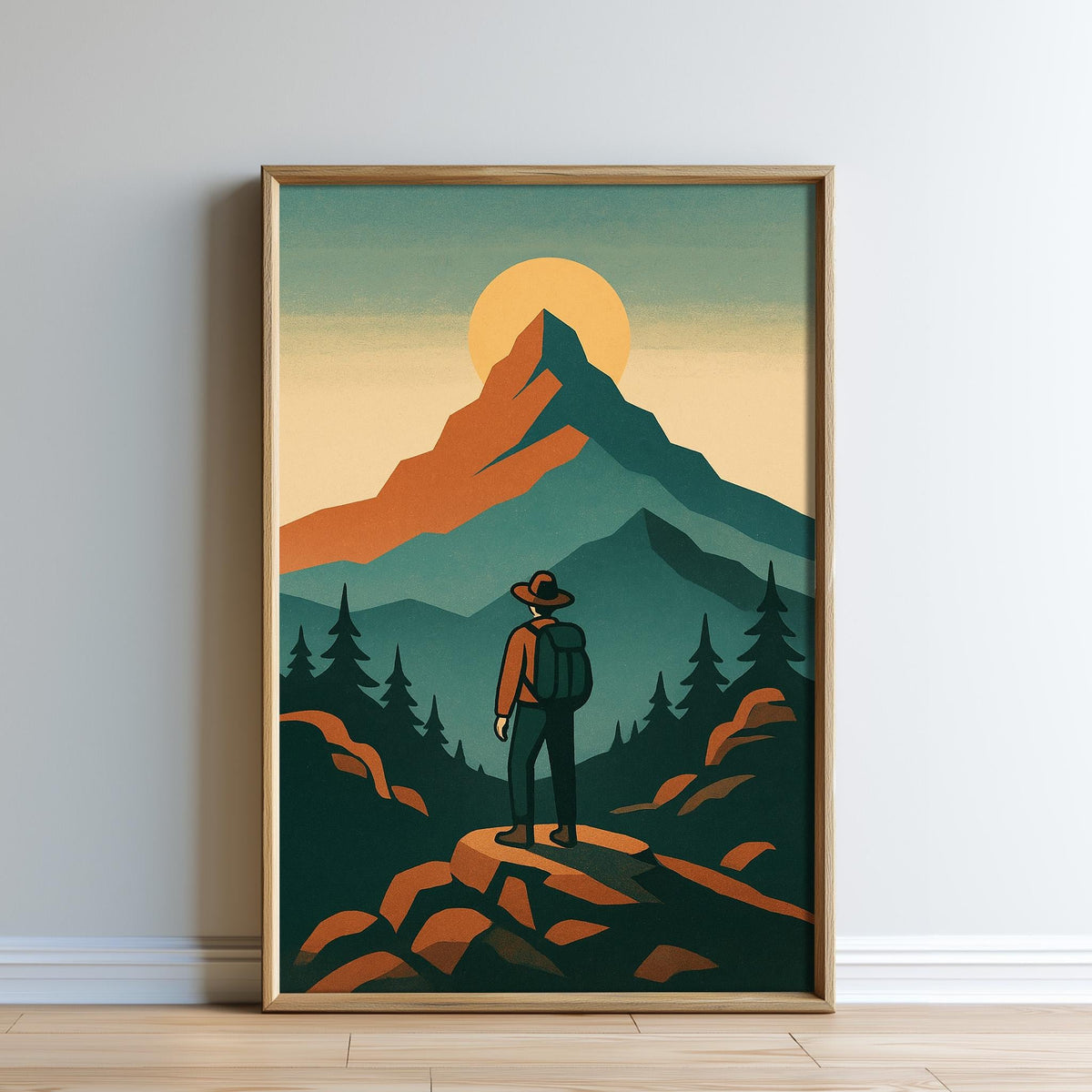 A framed illustration depicting a person standing on a rocky outcropping, gazing out at a mountain range with a large sun in the sky.