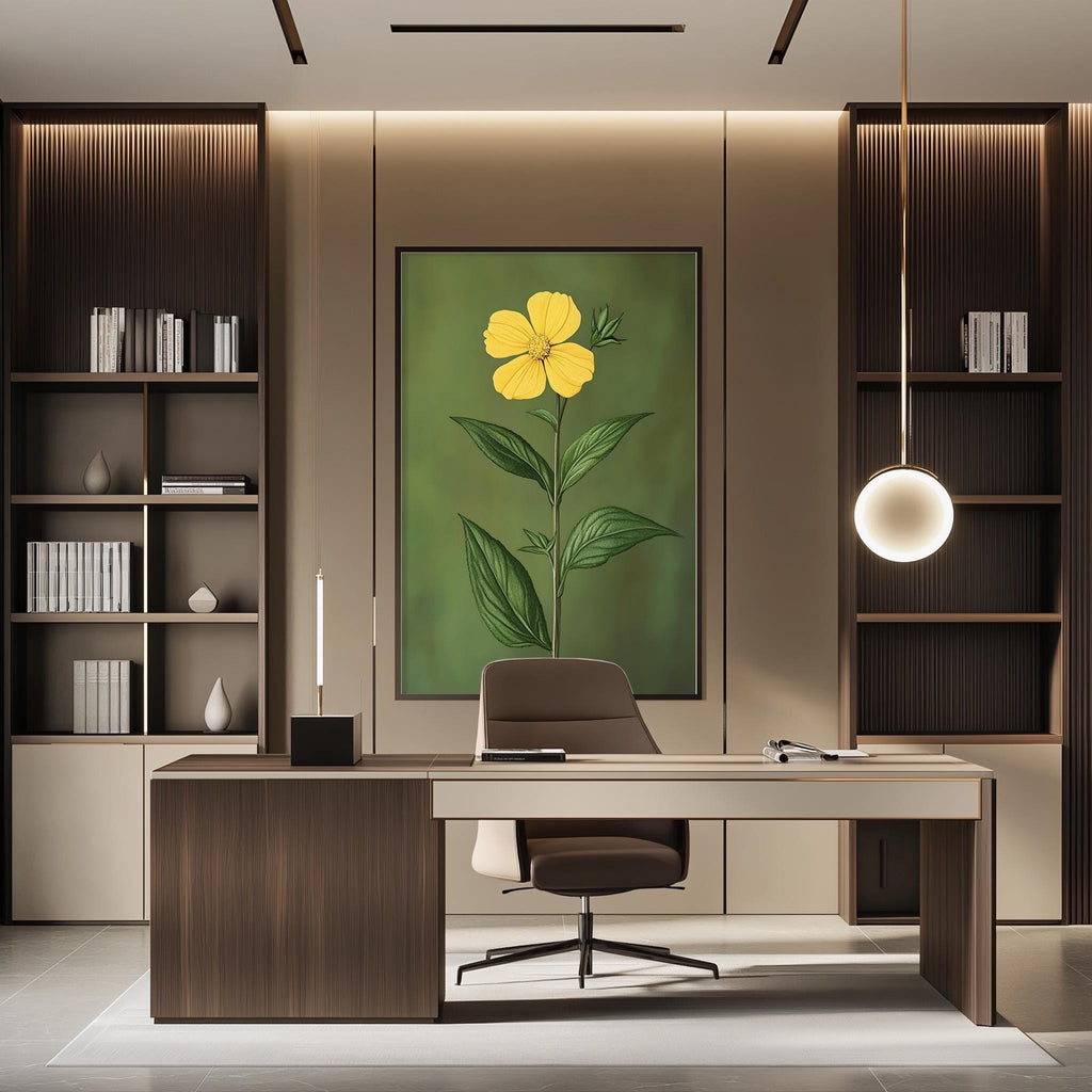 a modern and well-organized office space with a large painting of a yellow flower on the wall, a wooden desk with a chair, and built-in bookshelves.