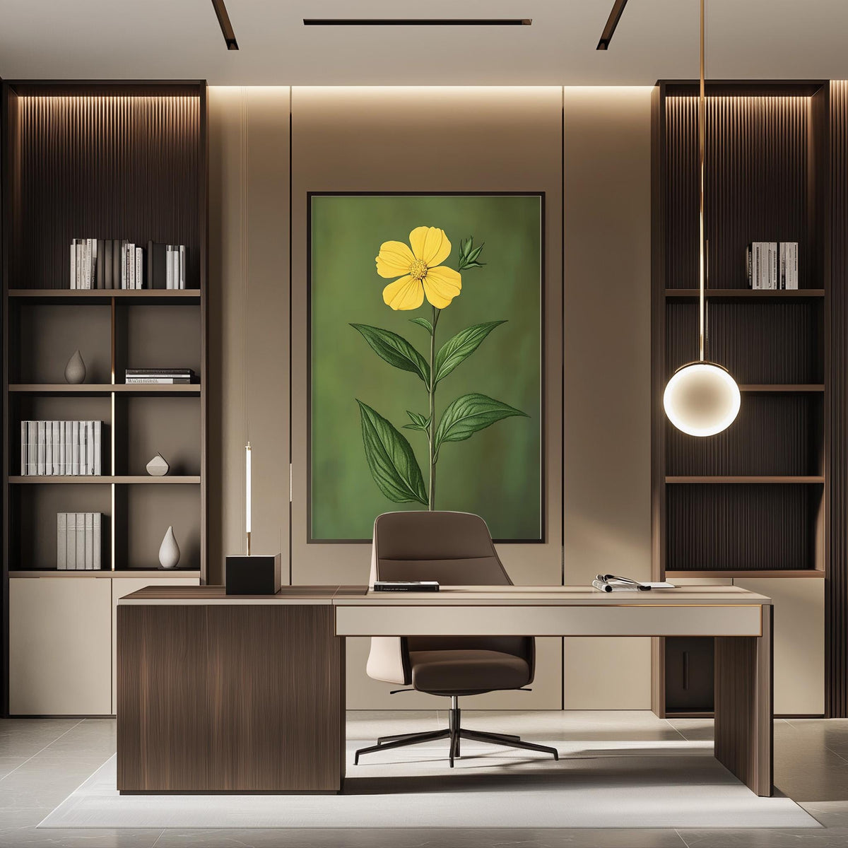 a modern and well-organized office space with a large painting of a yellow flower on the wall, a wooden desk with a chair, and built-in bookshelves.