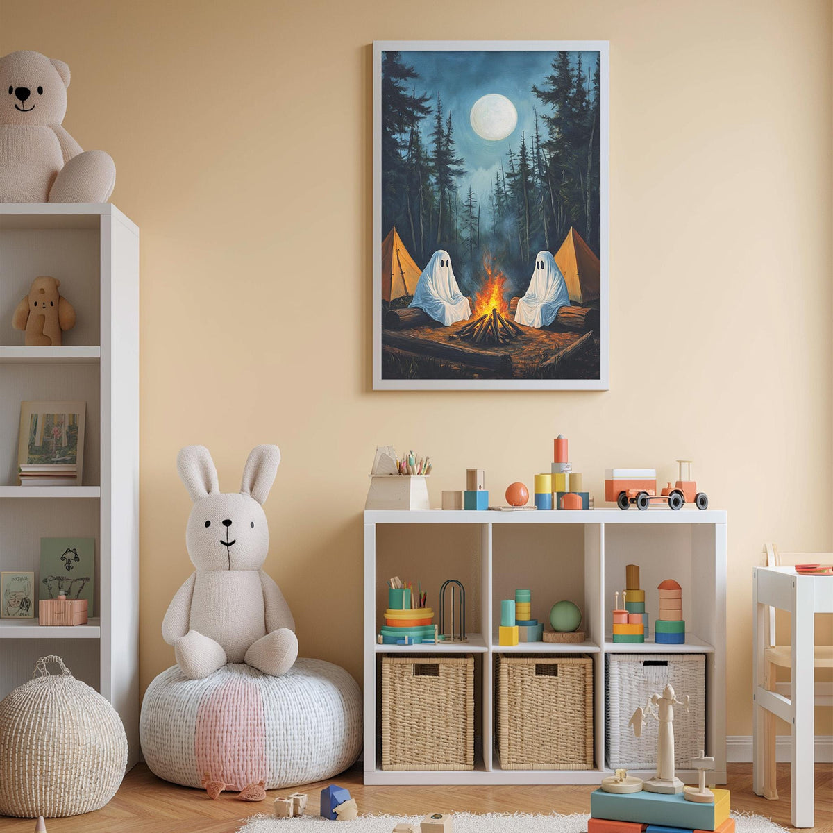 A cozy children's bedroom with a large stuffed bunny, a bookshelf, and a toy chest. The room has a warm, inviting atmosphere with a painting of a campfire and two ghostly figures in the background.