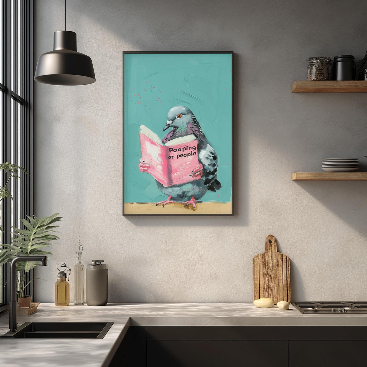 a colorful painting of a pigeon holding a book titled "Pooping on people" on a wall in a kitchen setting.