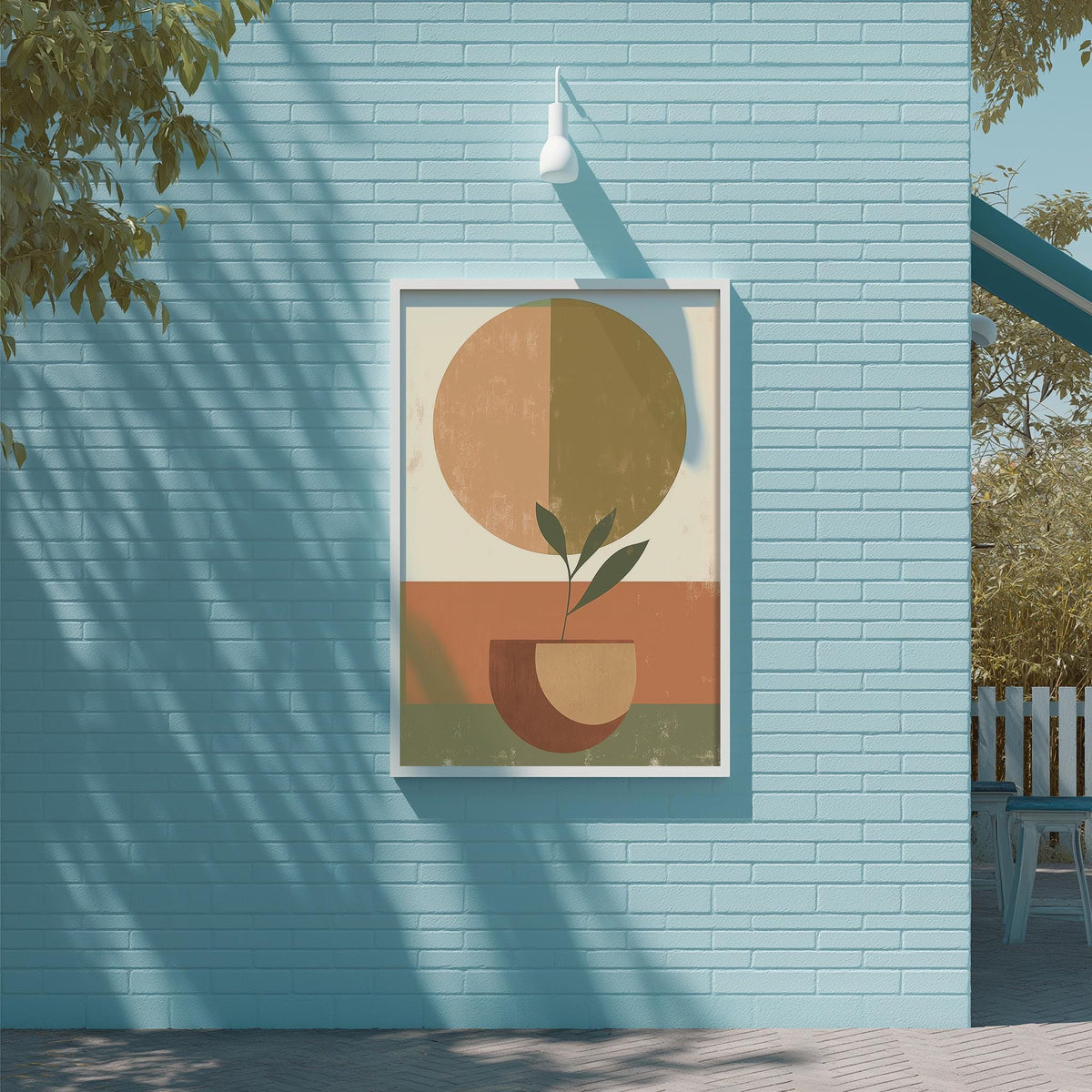 a blue brick wall with a framed abstract painting hanging on it. The painting depicts a plant in a bowl, creating a serene and calming atmosphere.