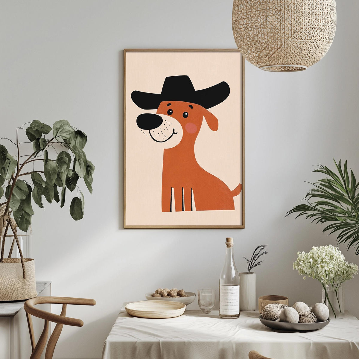 a framed picture of a dog wearing a cowboy hat, hanging on a wall above a dining table with various decorative items and plants.