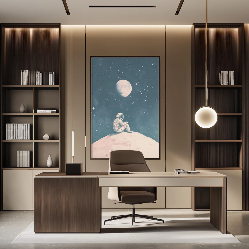a modern office space with a large framed artwork of a person sitting on a planet with a moon and stars in the background. The office features a desk, chair, and shelving units, creating a professional and organized atmosphere.