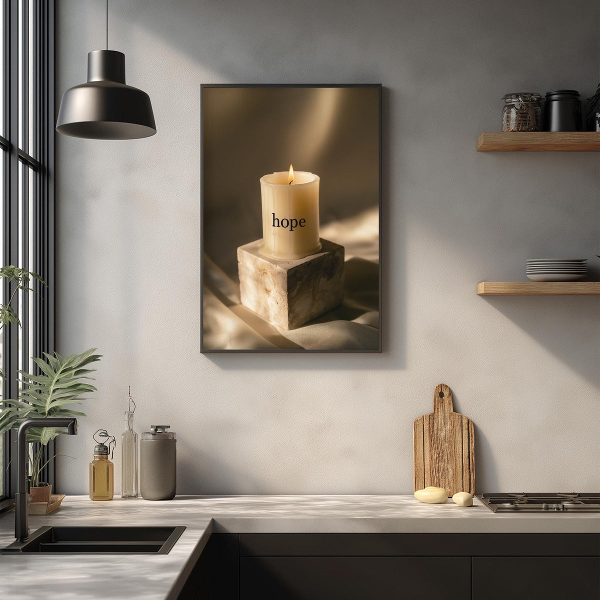 a kitchen counter with various items such as a candle, a cutting board, and a plant. Above the counter, there is a framed picture hanging on the wall with the word "hope" written on it.