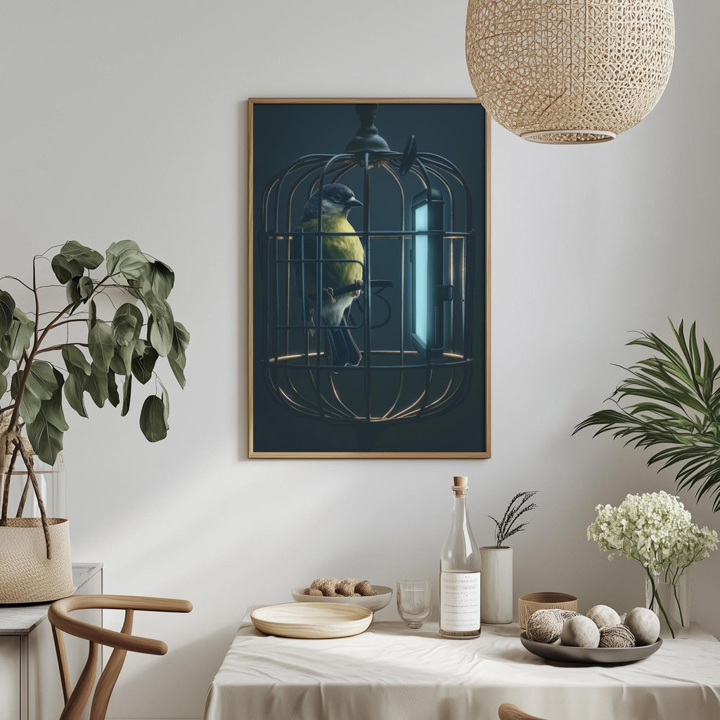 a bird in a cage, with a potted plant to the left and a table with a bottle, bowl, and other items to the right.