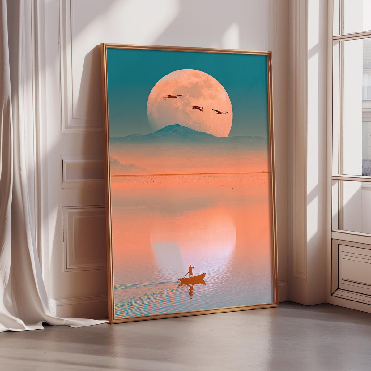 a large framed painting depicting a serene scene of a person in a boat on a calm body of water, with a large moon in the background.