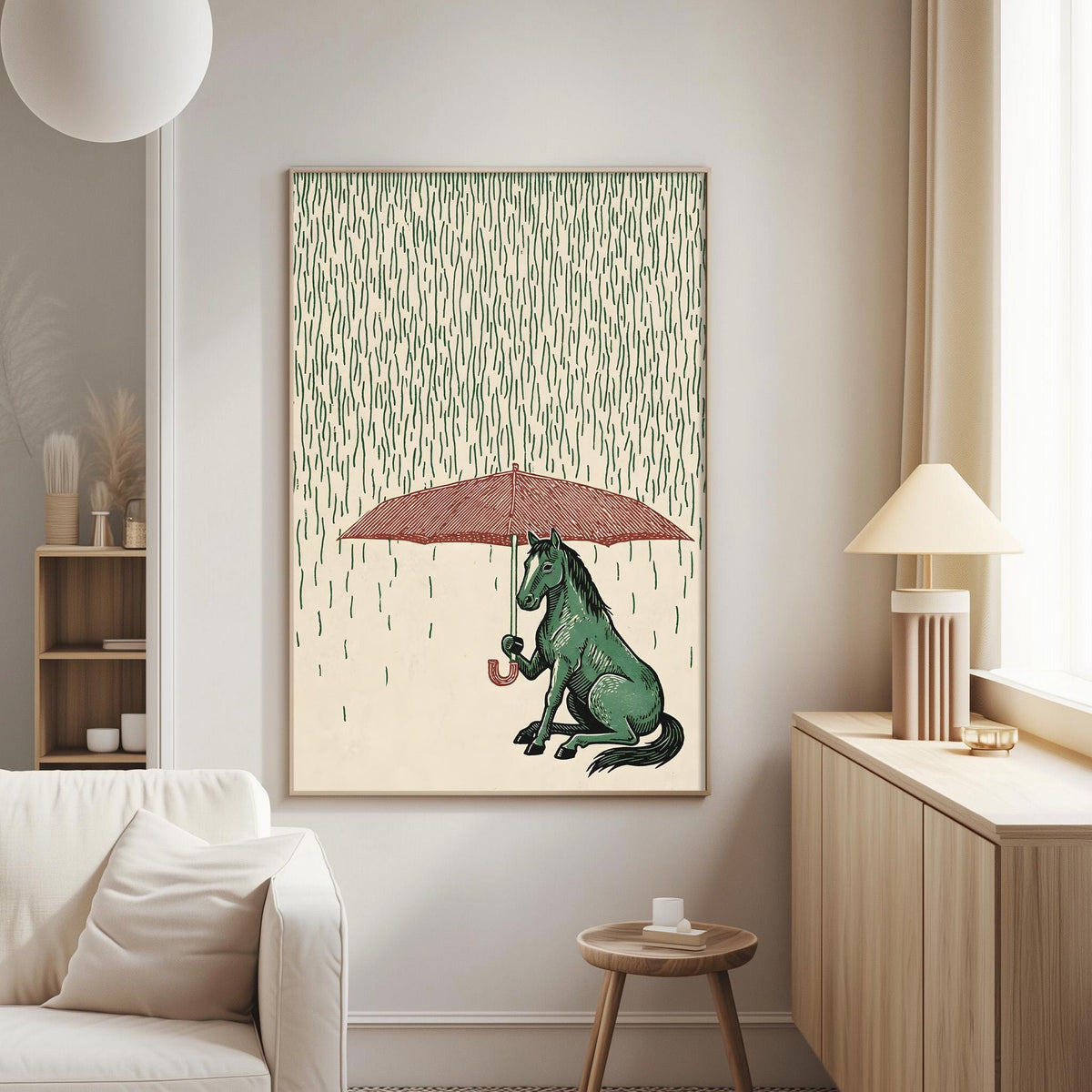 a living room with a large painting of a horse sitting under an umbrella, surrounded by a pattern of green and white lines.