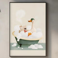 a framed illustration of a duck sitting in a bathtub filled with bubbles, hanging on a wall above a kitchen counter.
