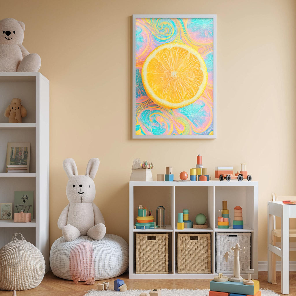A child's bedroom with a large orange slice as the focal point on the wall, surrounded by various toys and storage units.