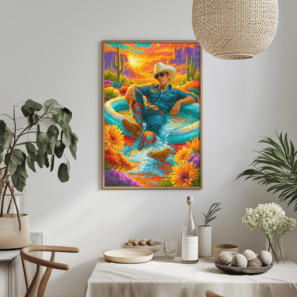 a vibrant painting of a man sitting in a pool surrounded by a colorful desert landscape, with a cowboy hat and sunglasses on his head. The painting is hung on a wall above a dining table with various decorative items, including potted plants, vases, and bowls.
