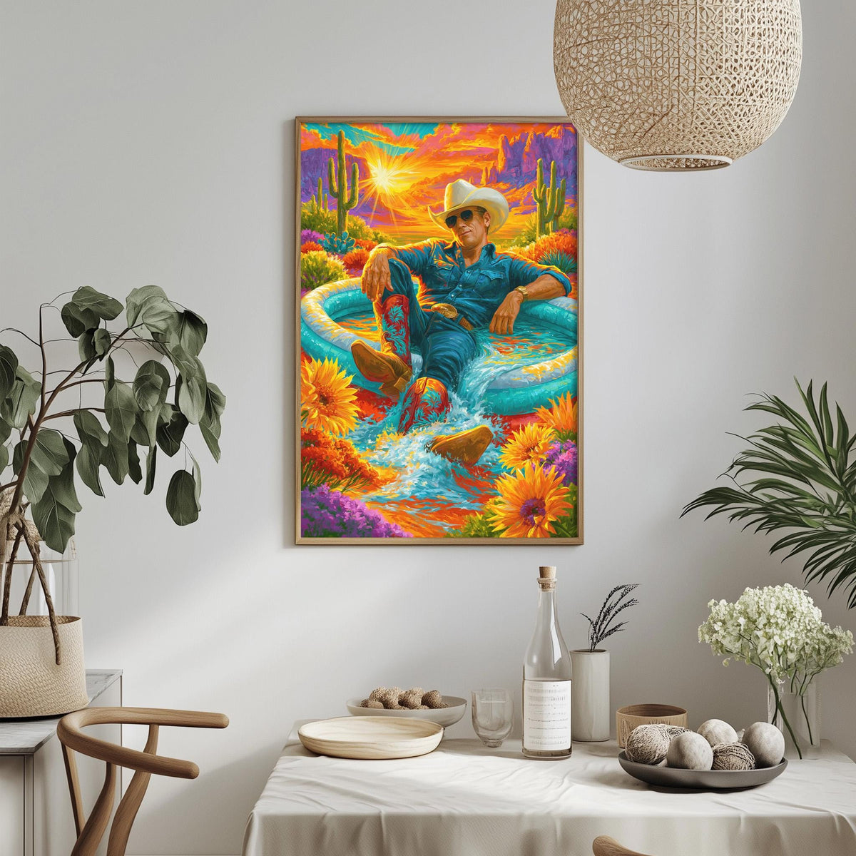 a vibrant painting of a man sitting in a pool surrounded by a colorful desert landscape, with a cowboy hat and sunglasses on his head. The painting is hung on a wall above a dining table with various decorative items, including potted plants, vases, and bowls.