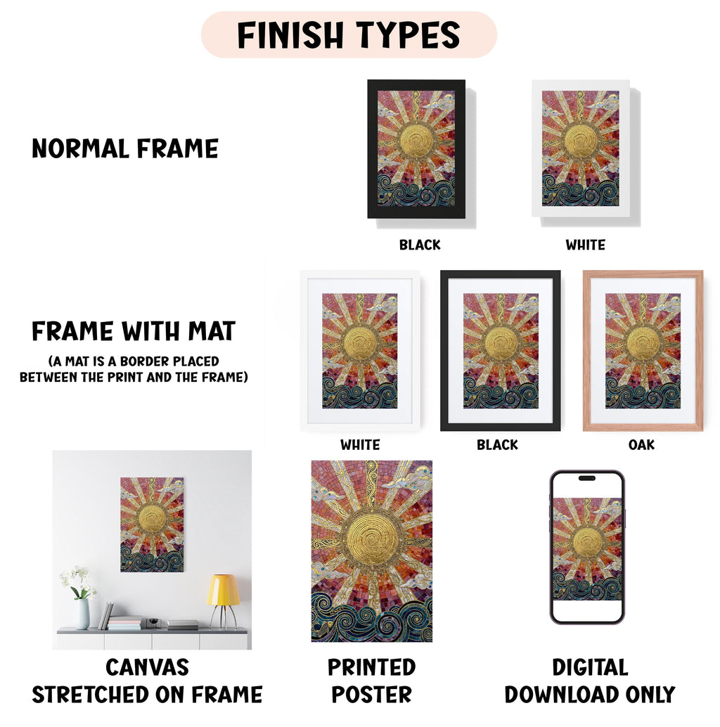 various types of artwork, including a normal frame, a frame with a mat, a white frame, a black frame, an oak frame, a white canvas stretched on a frame, a printed poster, and a digital download only.